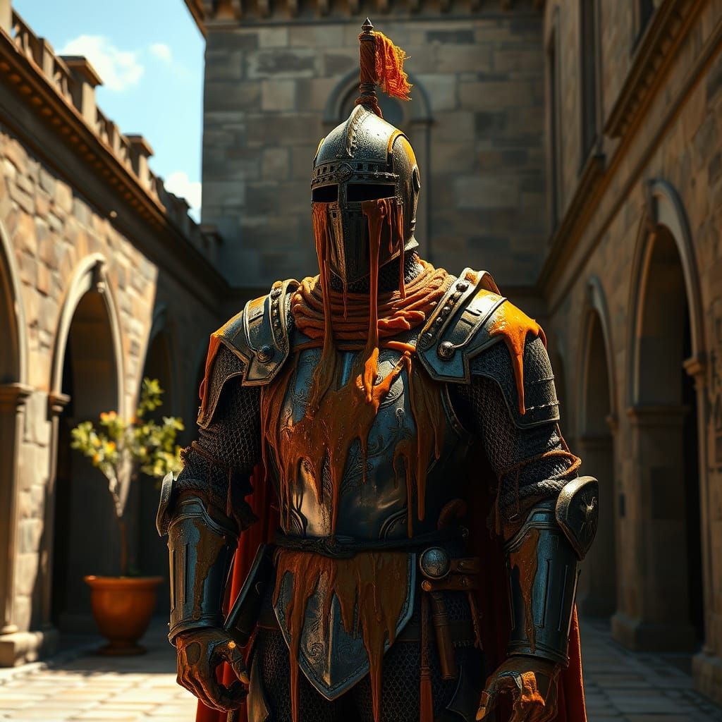 Melting Wax Knight in Sun-Drenched Courtyard