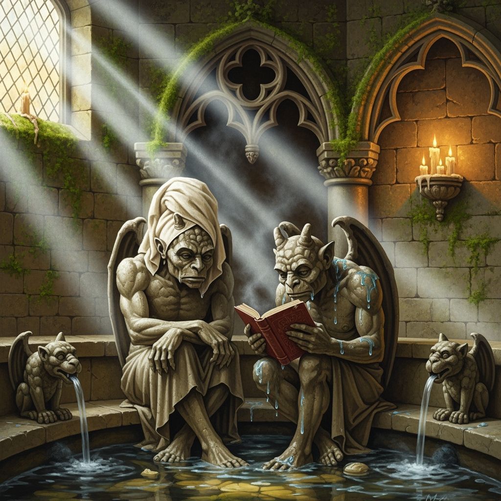 Gargoyles' Gothic Spa Day: Surreal Oil Painting