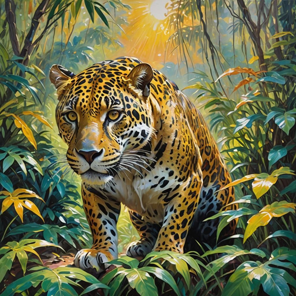 Impressionist Jaguar in Jungle, Oil Painting