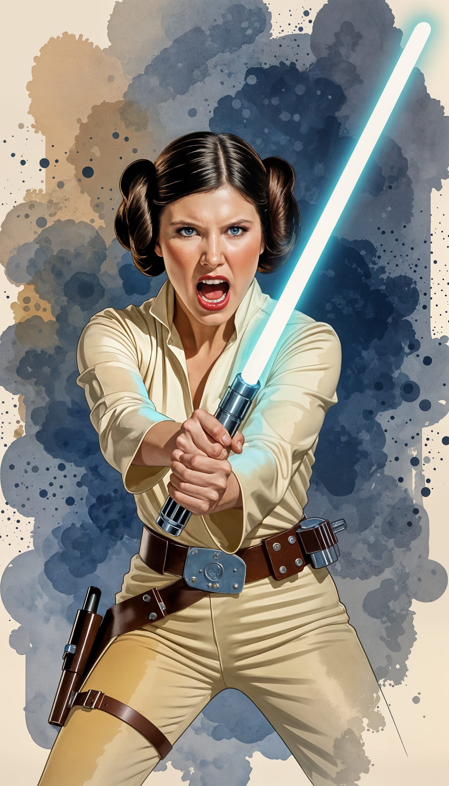 Princess Leia Roaring in Moody Watercolor Surrealism