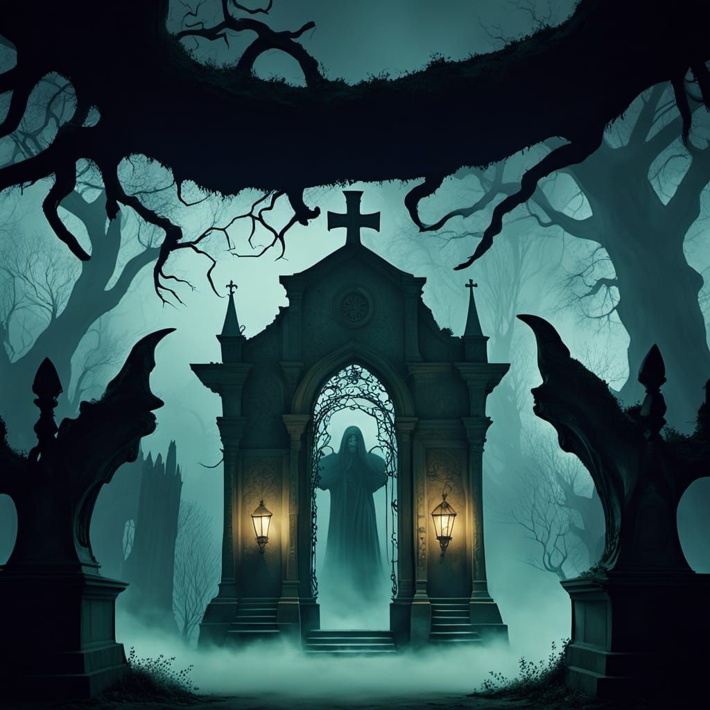 Dark Fantasy Crypt in Muted, Monochromatic Elegance