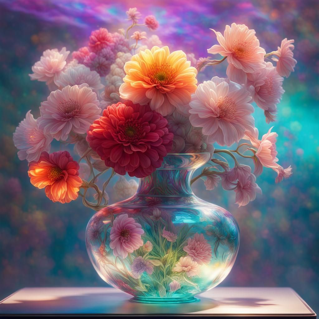 Illuminated Dreamy Flowers in Psychedelic Holographic Art