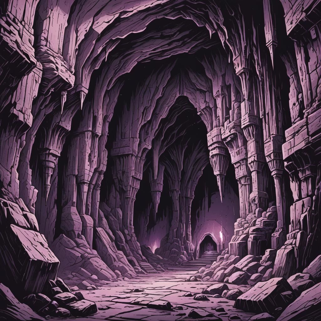 Monochromatic Cavern Sanctum in 80s Ink Art Style