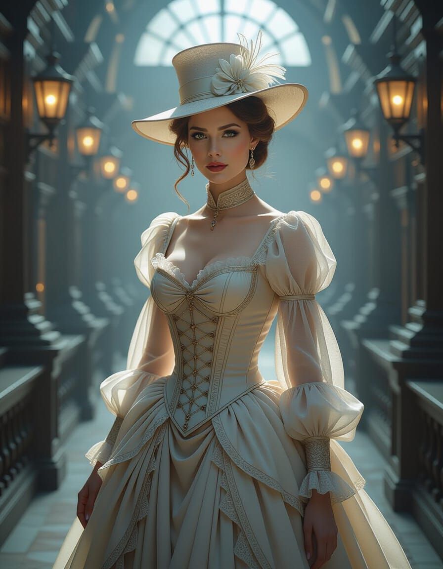 Ethereal Steampunk Woman in a Surreal Setting