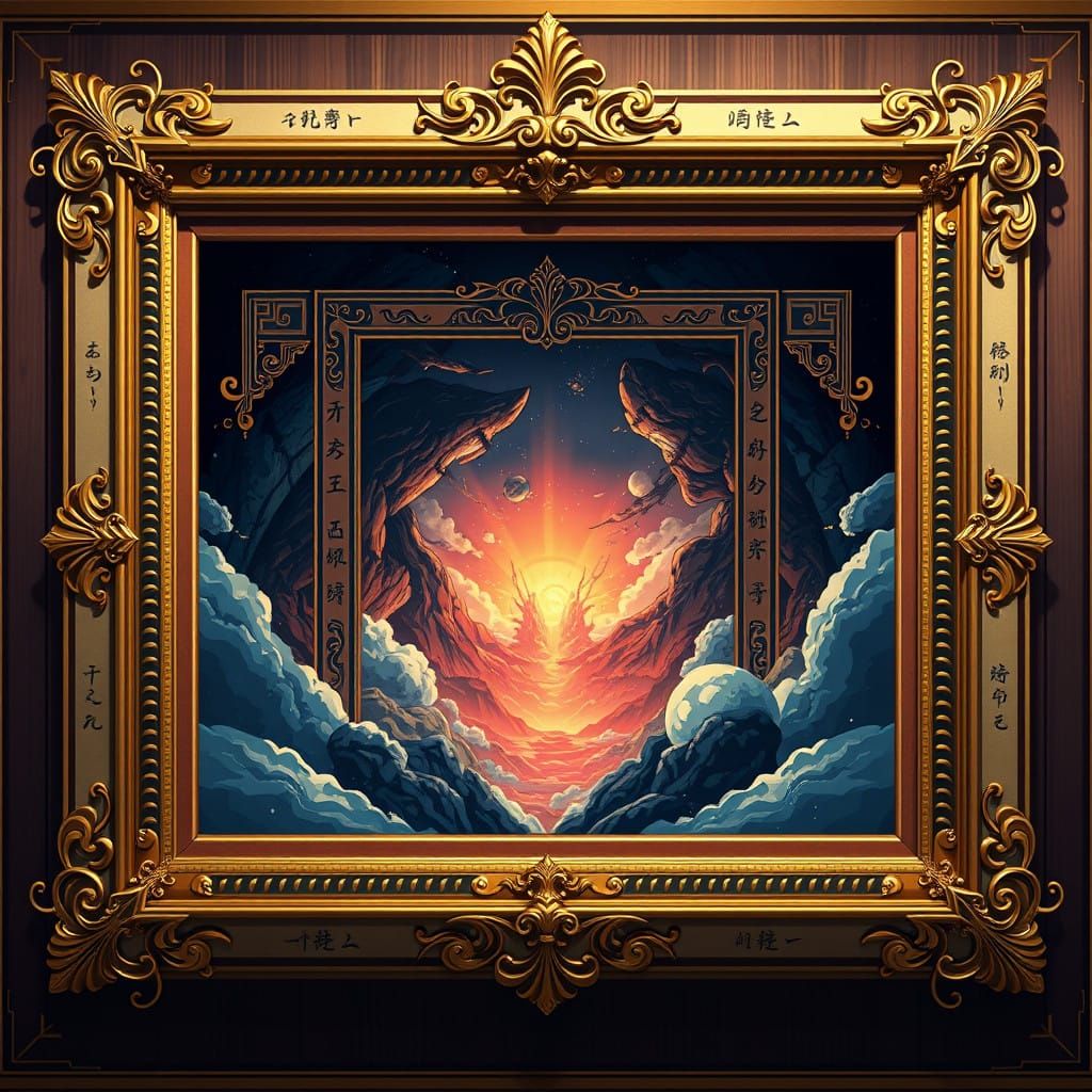 Elegant Anime Artwork in Art Deco Frame with Gilded Borders