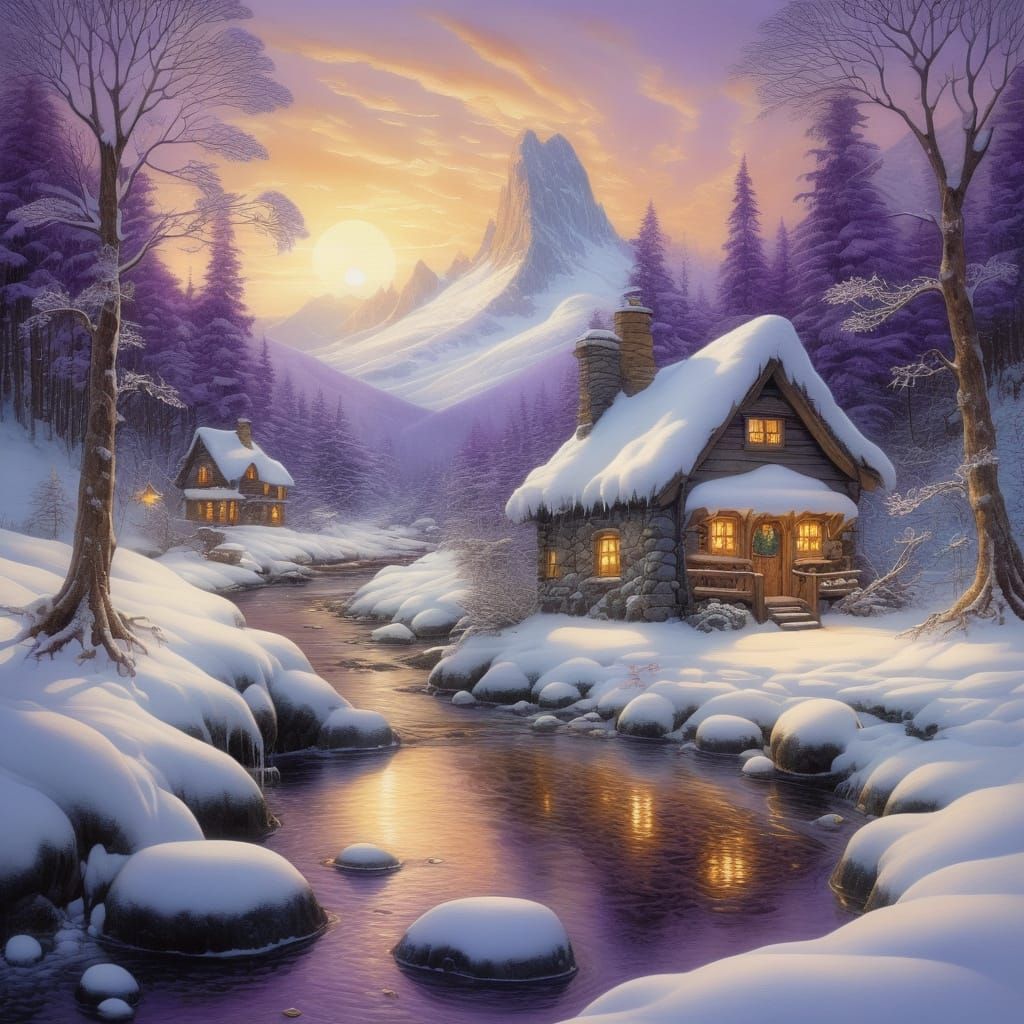 Winter Wonderland with Delicate Flowers and Snowy Cabin