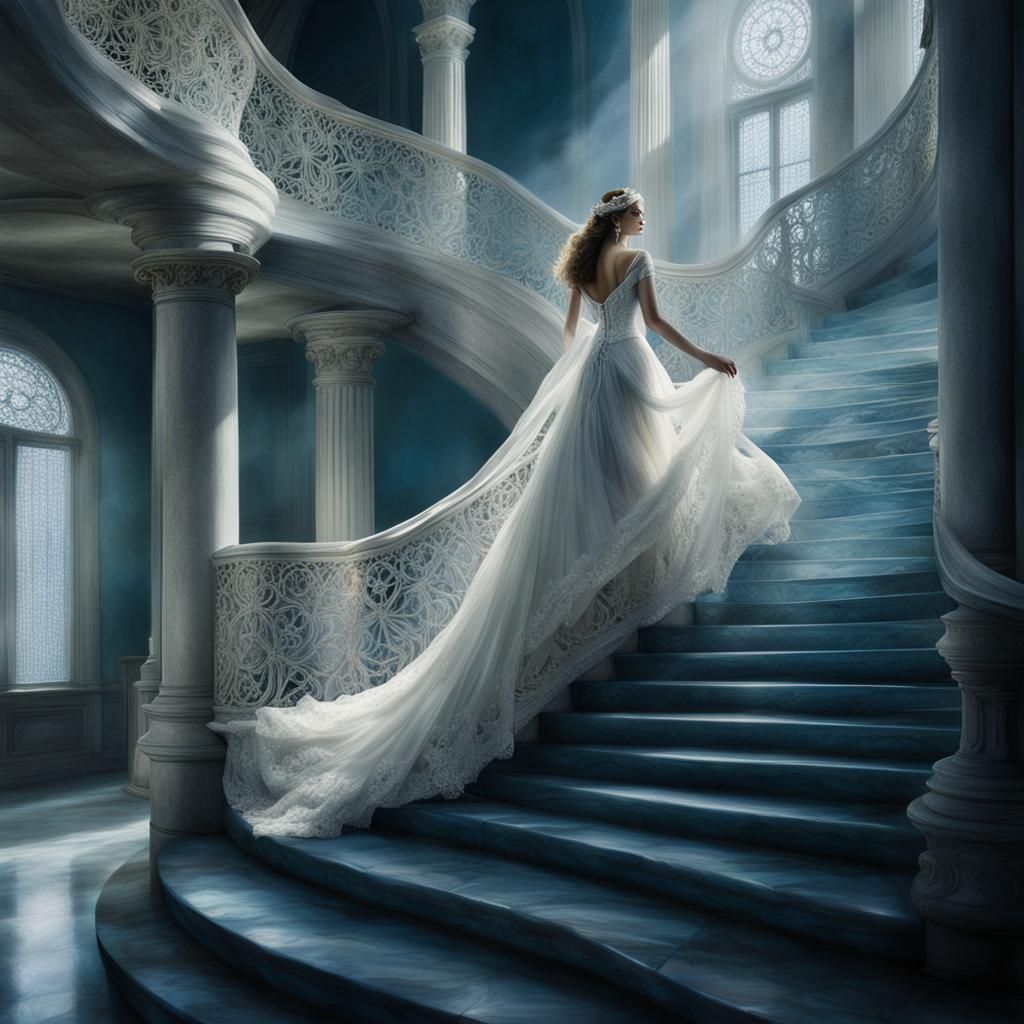 Ethereal Bride Ascending Lace Staircase in Dreamlike Scene