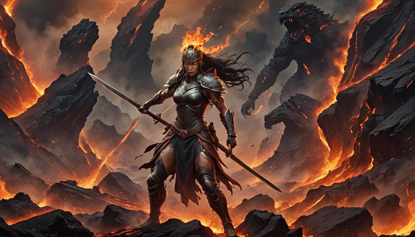 Warrior Woman in Volcanic Combat