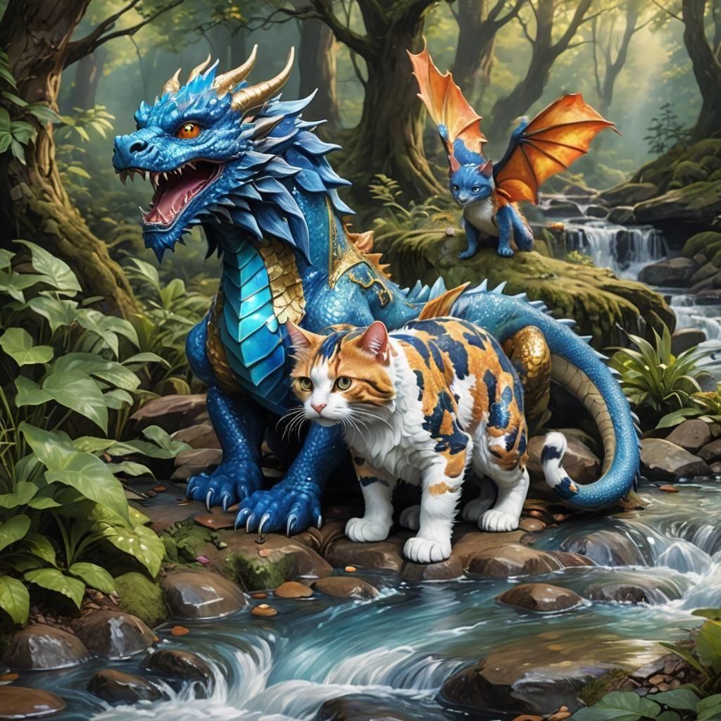 Blue Dragon and Calico Cat Play by Stream