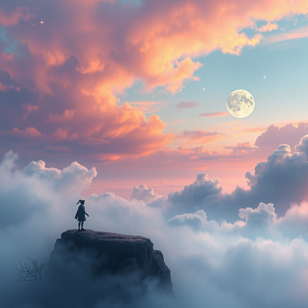 Dreamlike Landscape with Floating Silhouettes: Digital Art