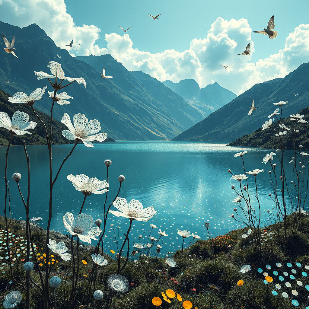 Surreal Mountain Lake with Fantastical Flora