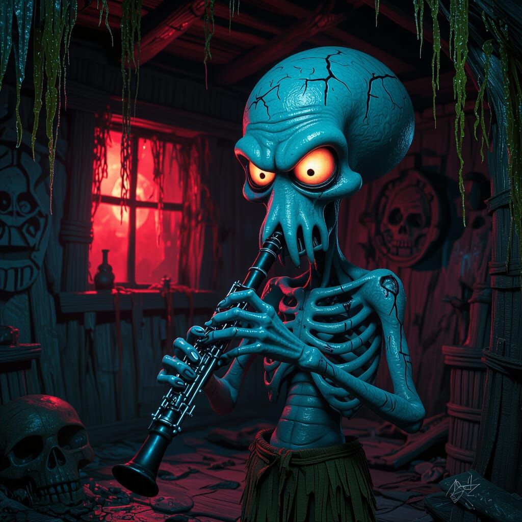 Horror Squidward Plays Bone Clarinet in Destroyed Tiki House