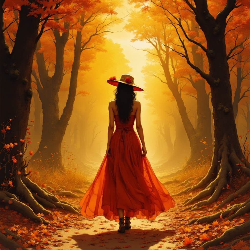 Ethereal Autumn Forest Walk at Sunset