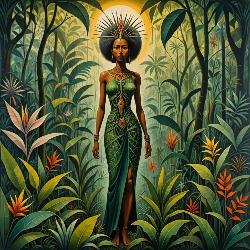 Surreal Jungle Clearing with Woman in Wilfredo Lam Style