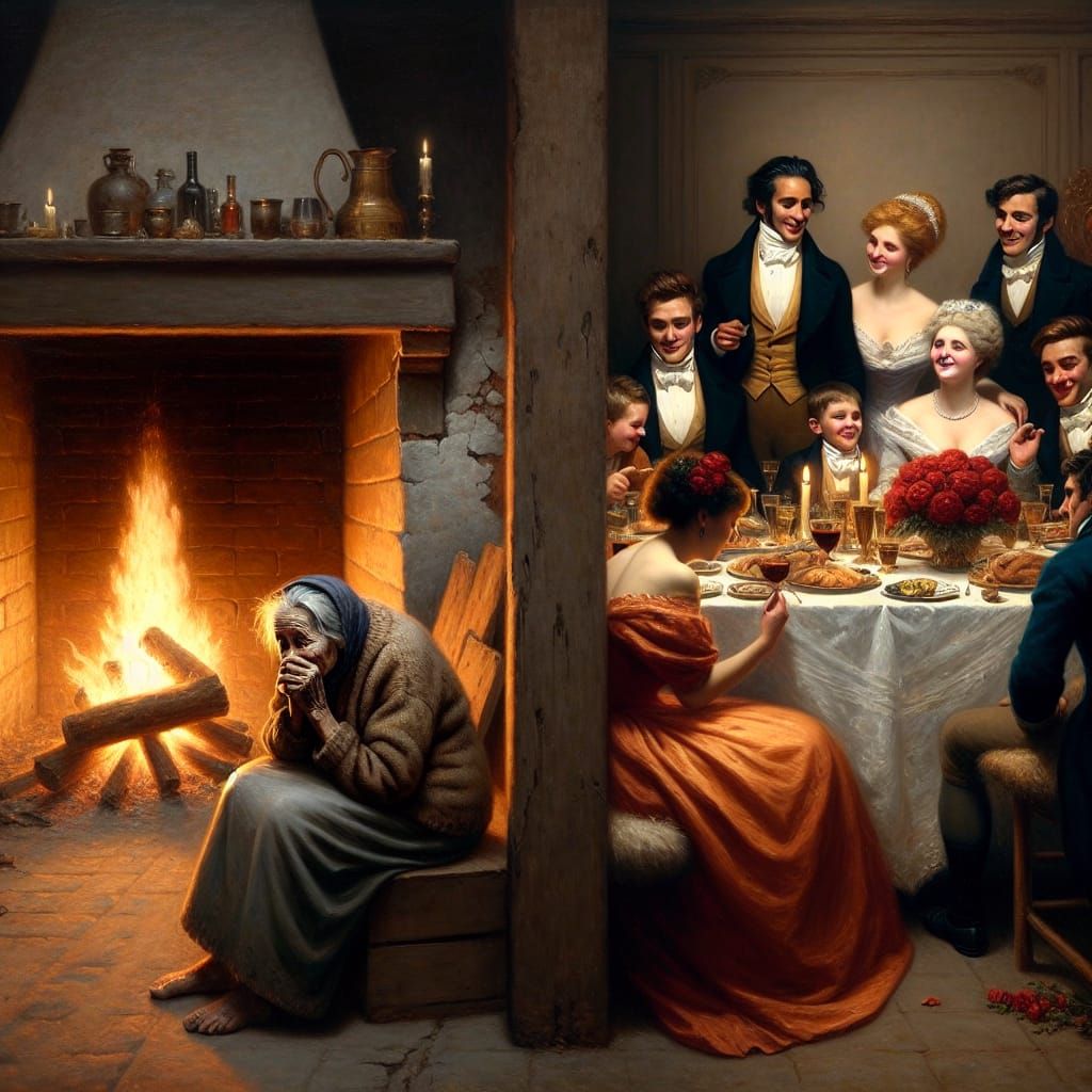 Elderly Woman and Wealthy Feast: A Realist Oil Painting