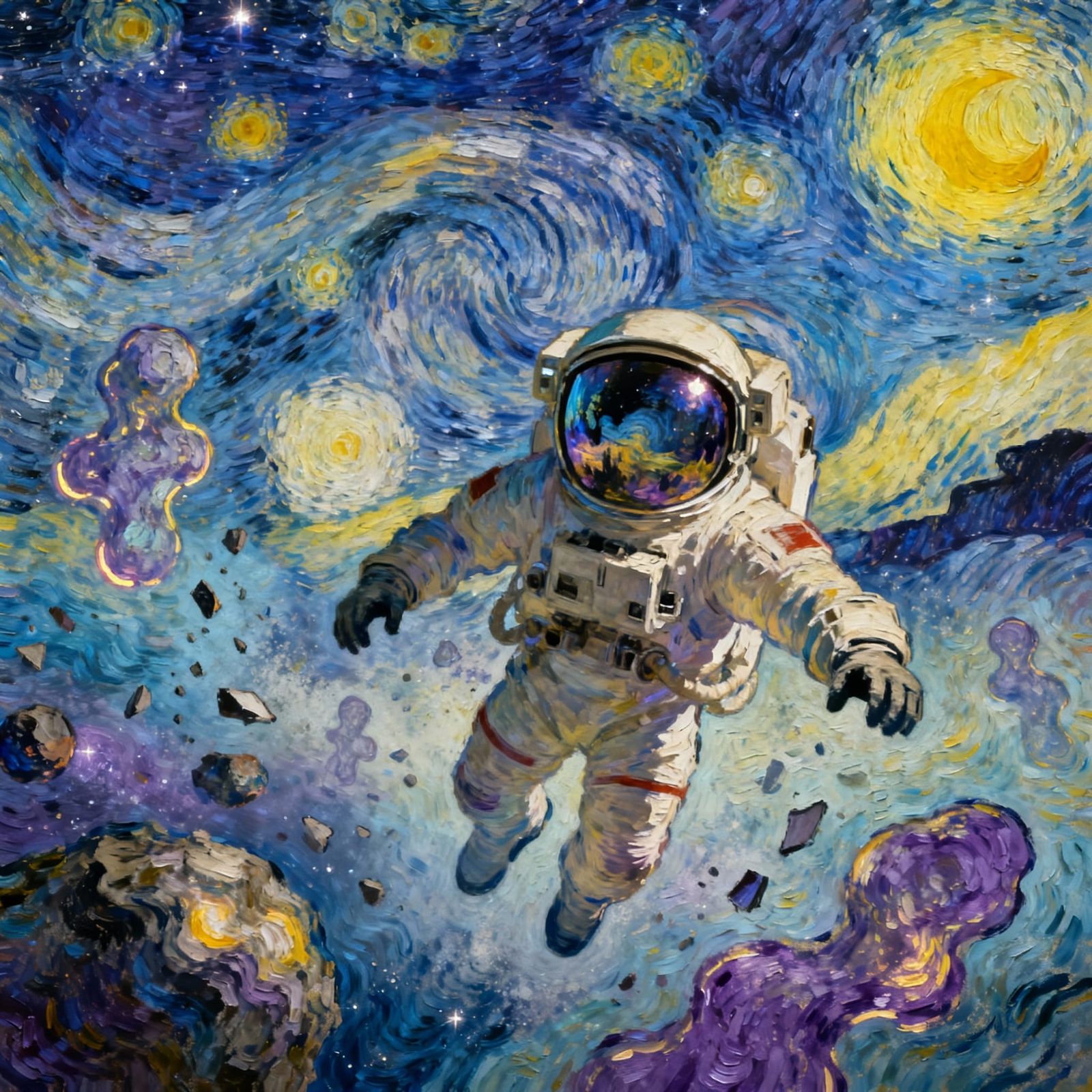 Astronaut in Cosmic Nebula Reflecting Post-Impressionist Lan...