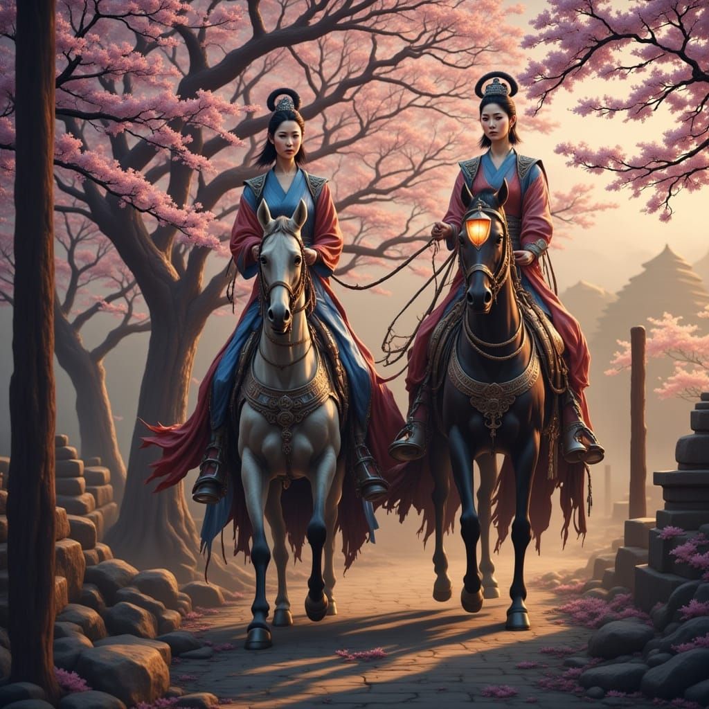 Warrior Queen Seondeok on Horseback amidst Cherry Blossoms