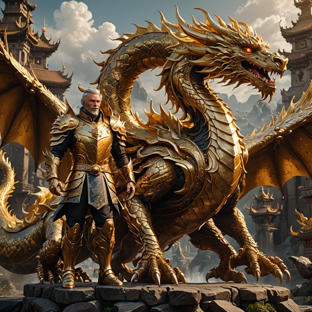 Golden Man and Dragon Fantasy Concept Art