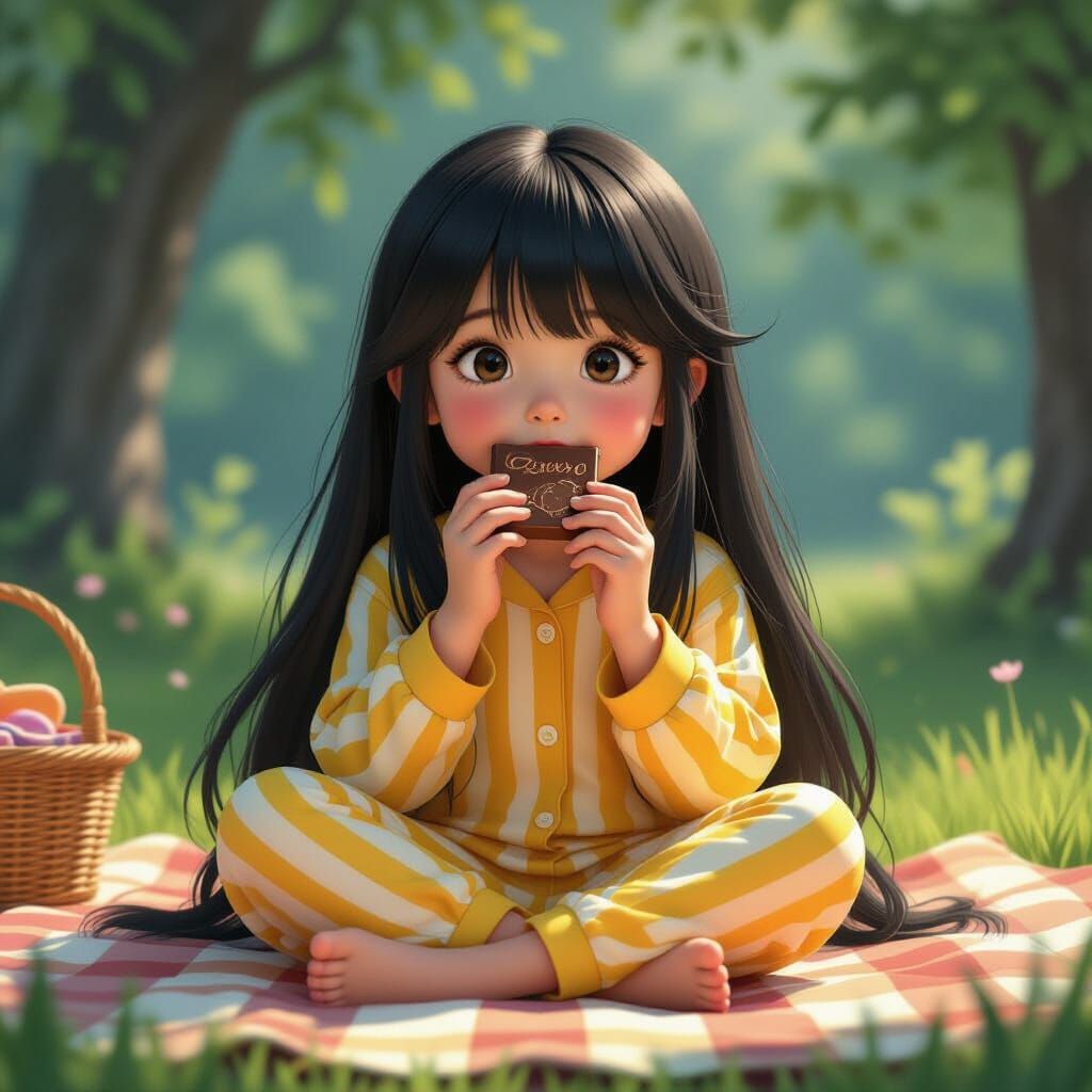 Girl in Pajamas Eating Chocolate Bar as Fantasy Concept Art