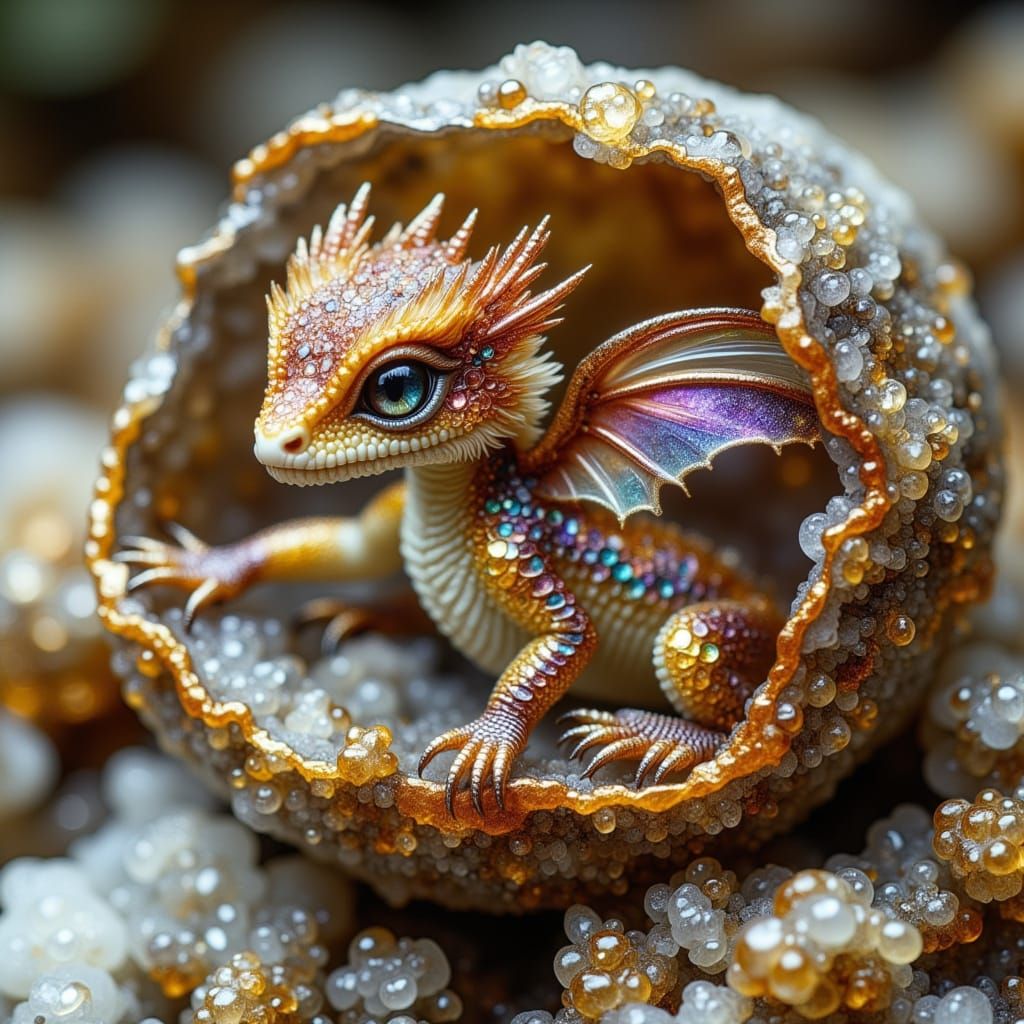 Luminous Baby Dragon Emerges from Glittering Geode