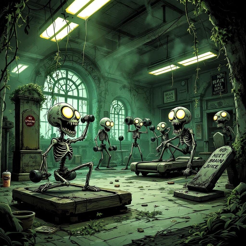 Eerie Zombie Gym in Tim Burton Style Illustration