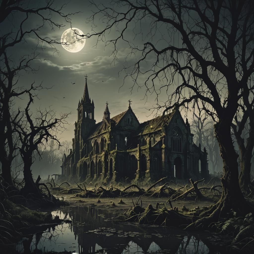 Swamp Church Ruins Under Moonlight