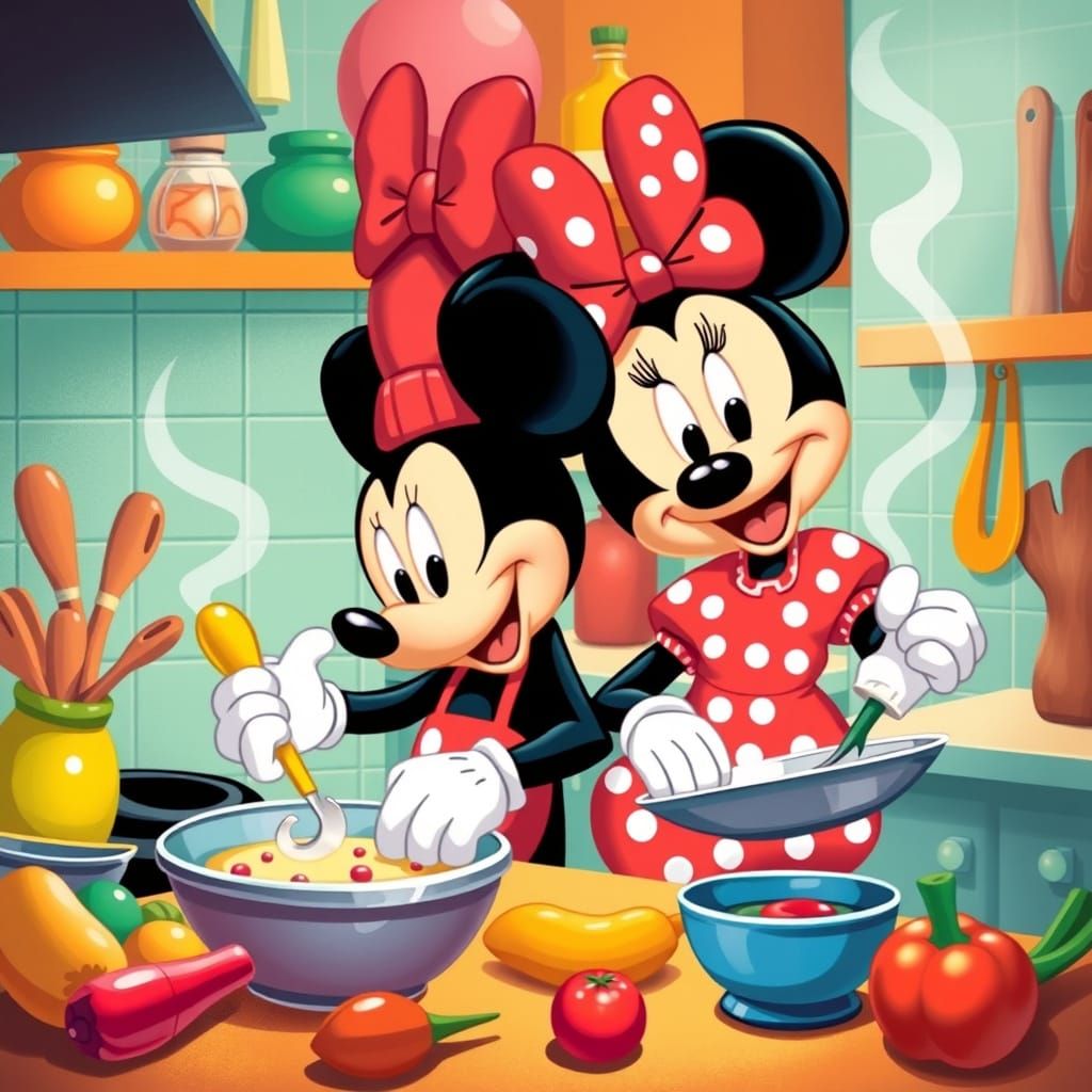 Mickey and Minnie Cooking in a Vibrant Kitchen