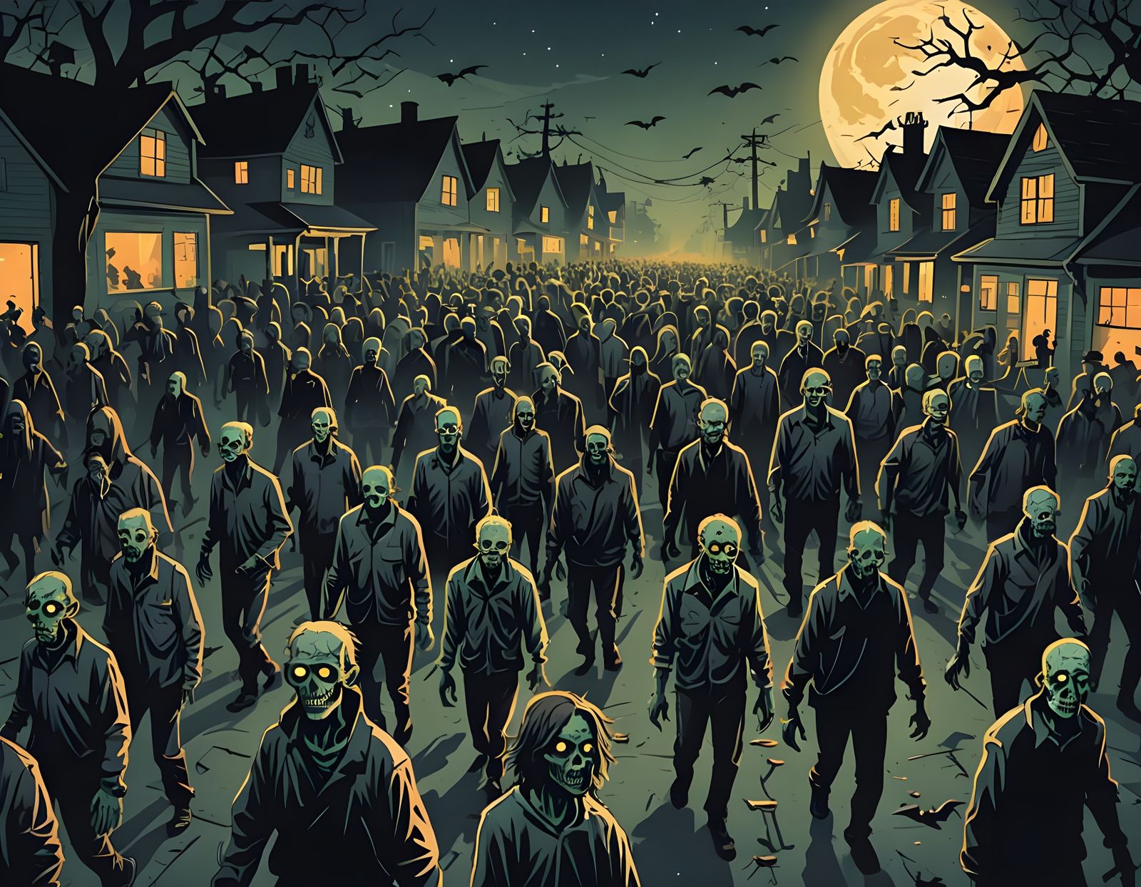 Zombie Crowd Walking at Night Halloween Illustration