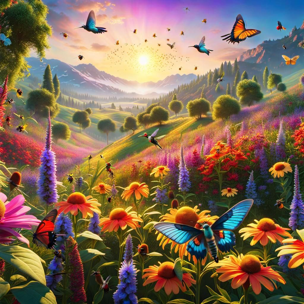 Vibrant Meadow Scene with Bees and Butterflies