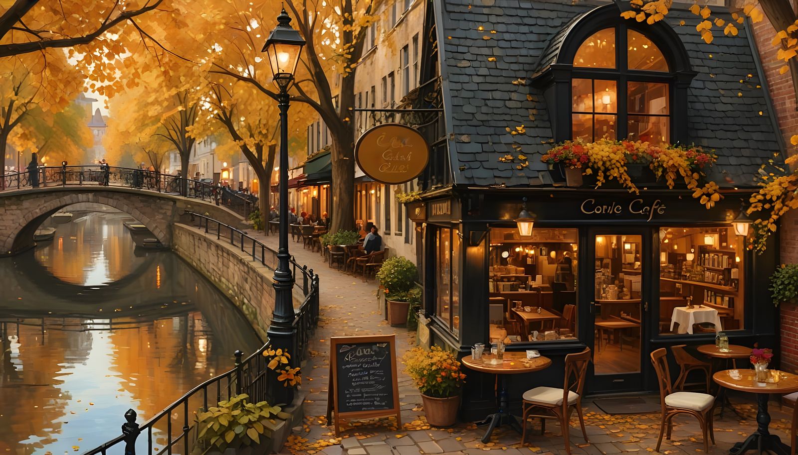 Autumn Canalside Cafe Scene with Sparkling Water