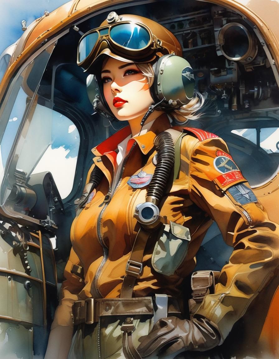 Dieselpunk Pilot Woman in Watercolor Anime Style