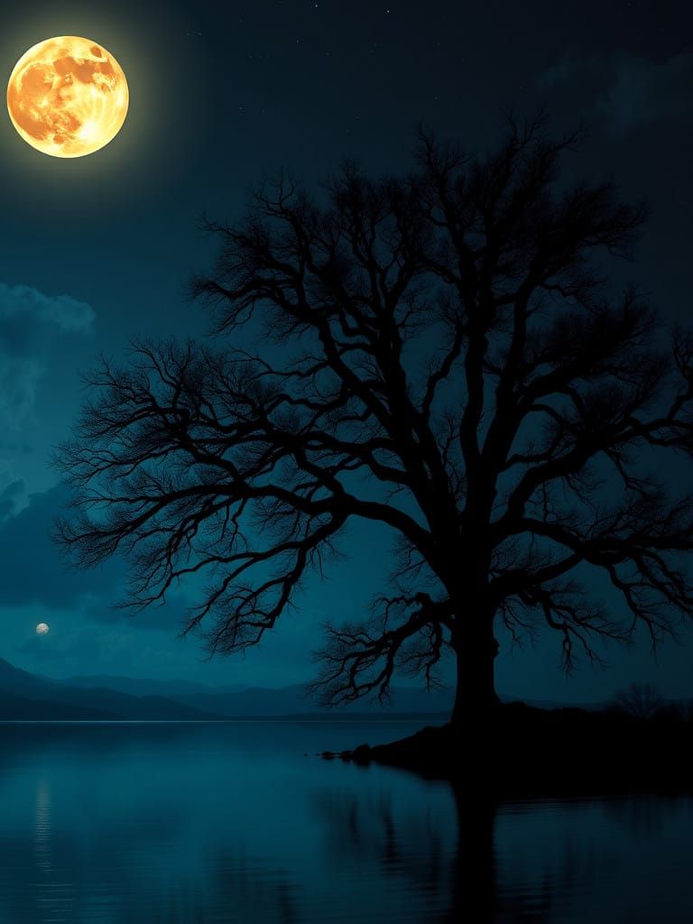 Serene Night Landscape with Silhouetted Tree and Full Moon