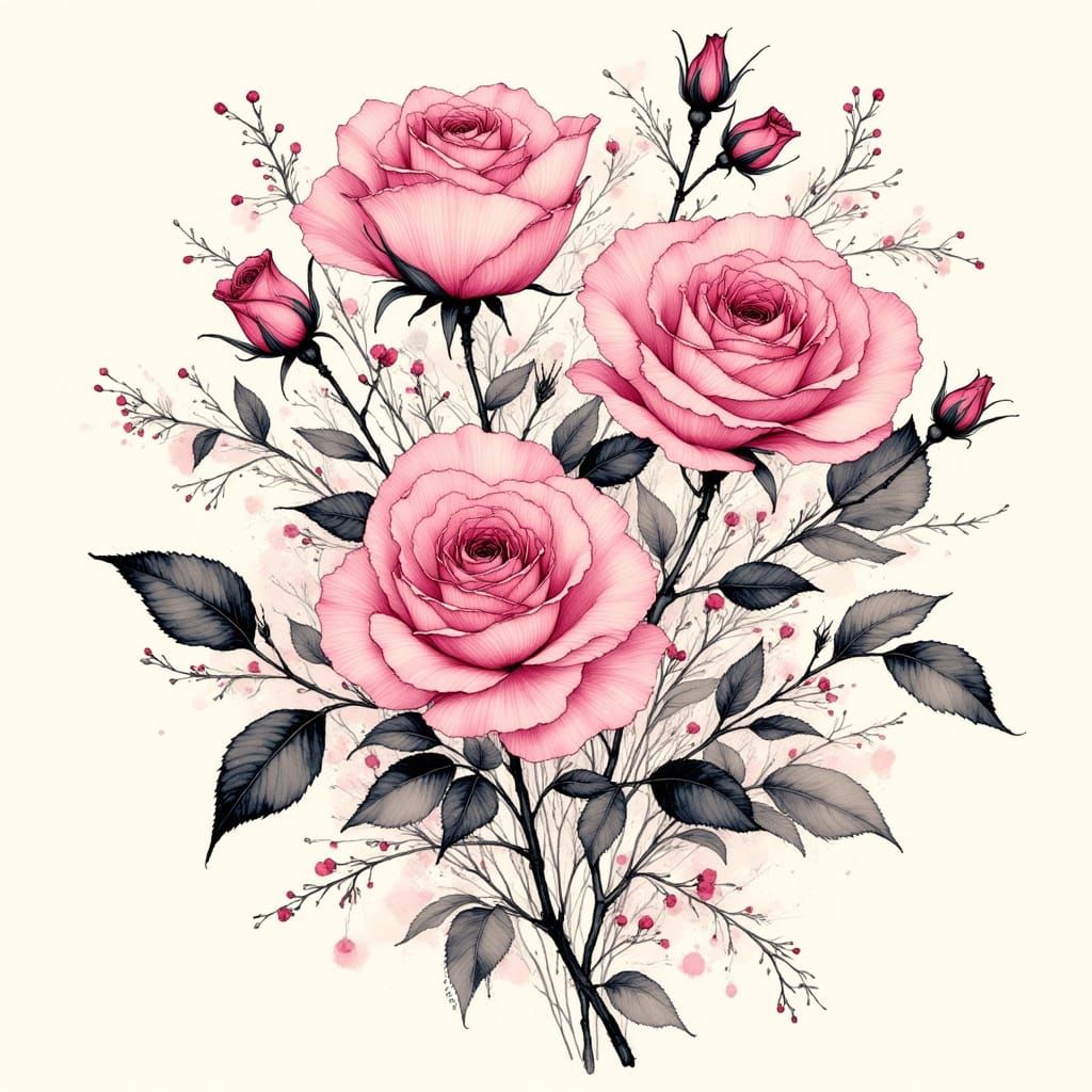 Elegant Black Floral Silhouette in Pink and White