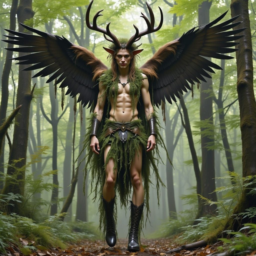 Winged Satyr in Forest, Boho Mixed-Media Style