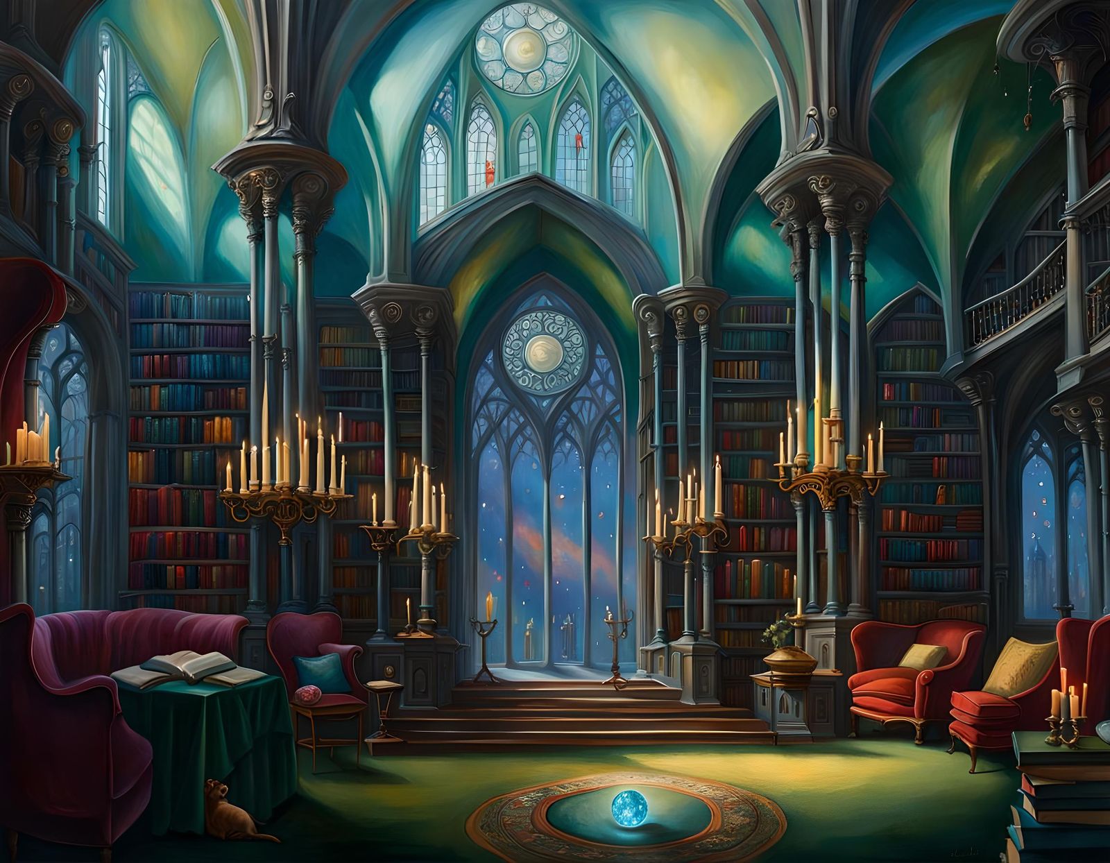 Grand Gothic Library in Oil Painting Style