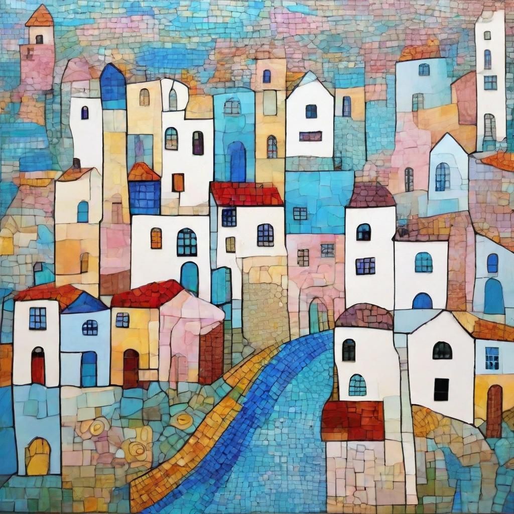 Colourful Mosaic Town Inspired by Klimt and Chagall
