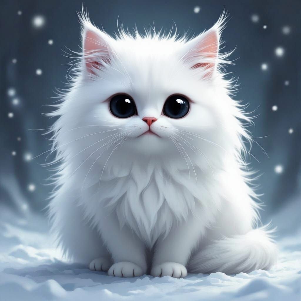 Fluffy White Cat with Black Eyes