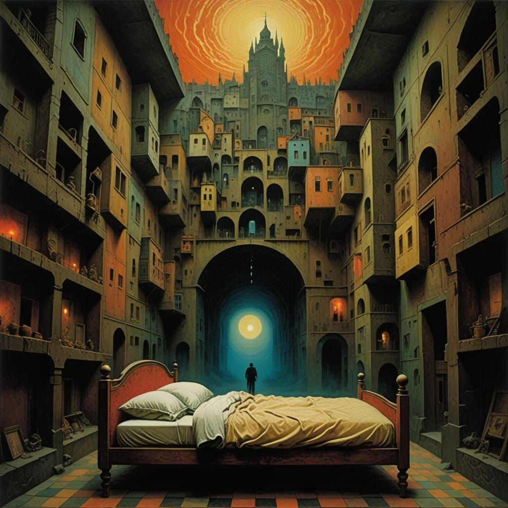 Surrealist Figure Lost in Escher-Inspired Labyrinthine Dream...