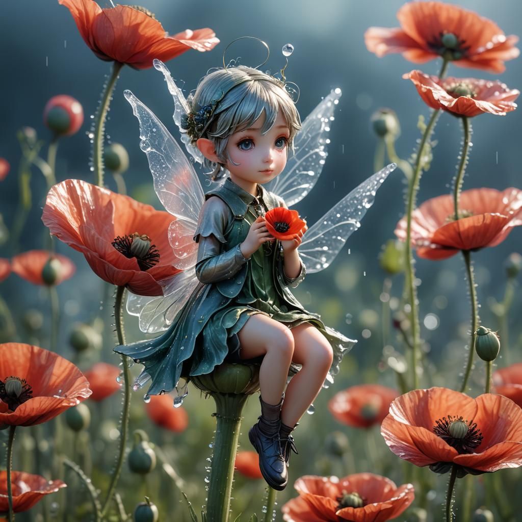 Tiny Fairy on Poppy Bud in Macro Photography