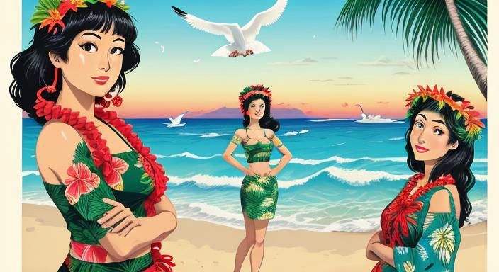 Tiki Hula Girls on Beach in Goya Style