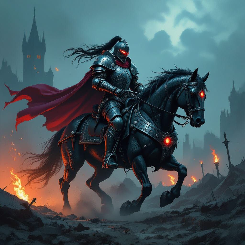 Gothic Knight on Biomechanical Horse in Ruined Battlefield