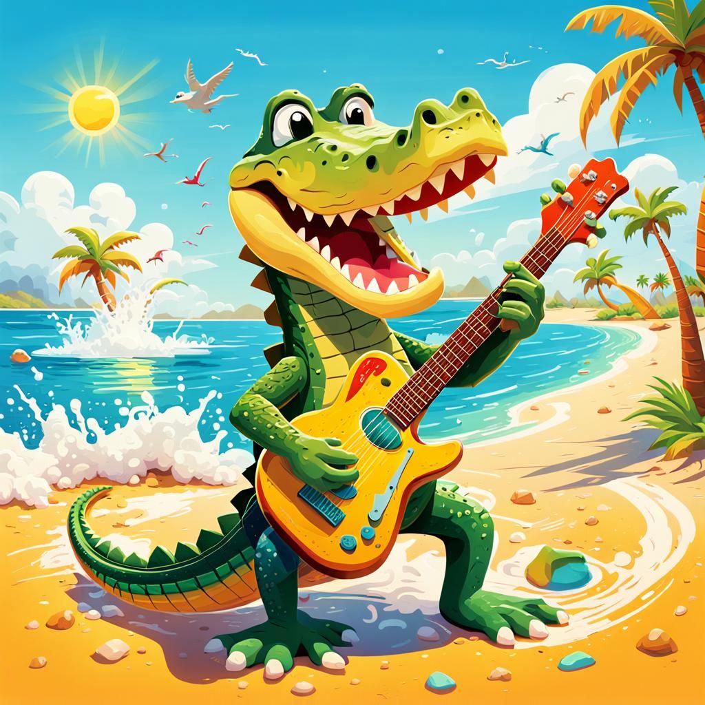 Happy Cartoon Crocodile Plays Guitar on Sunny Beach in a Whi...