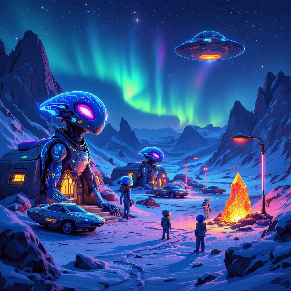 Blue Aliens on Pluto with Neon Scales and UFOs