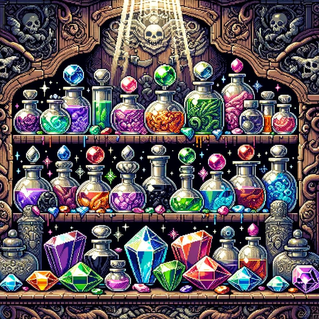 8-bit Pixel Art Potion Shelf with Jewels