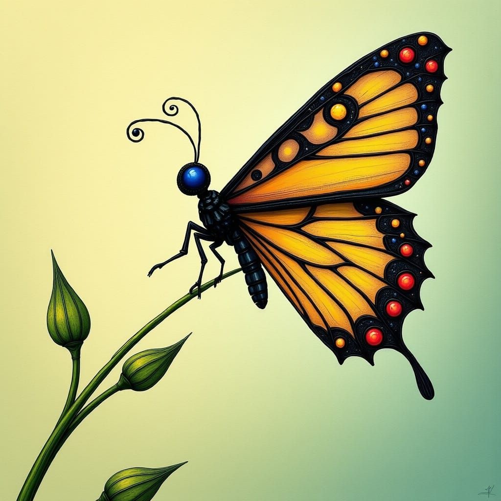 Butterfly on Grass Blade in Whimsical Style