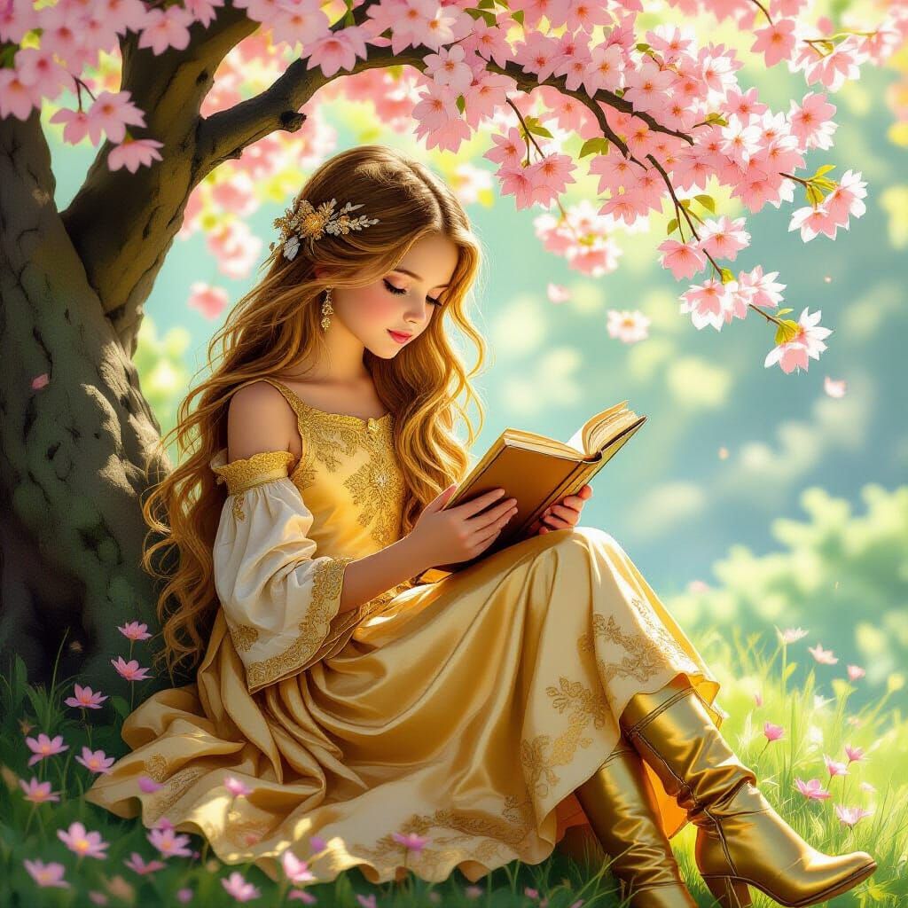 Golden Girl Reading Under Flowering Tree in Art Nouveau Styl...
