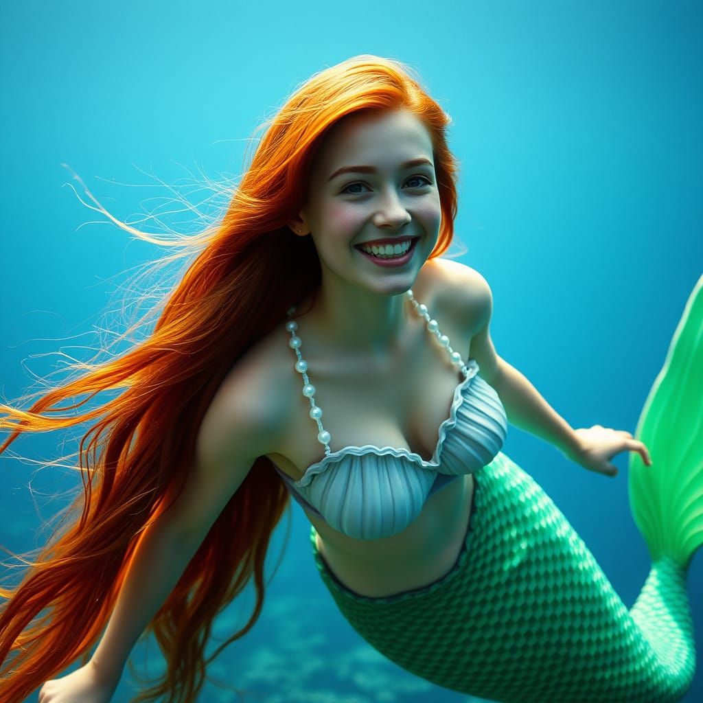 Red-haired Mermaid with Green Tail, Cinematic Film Still