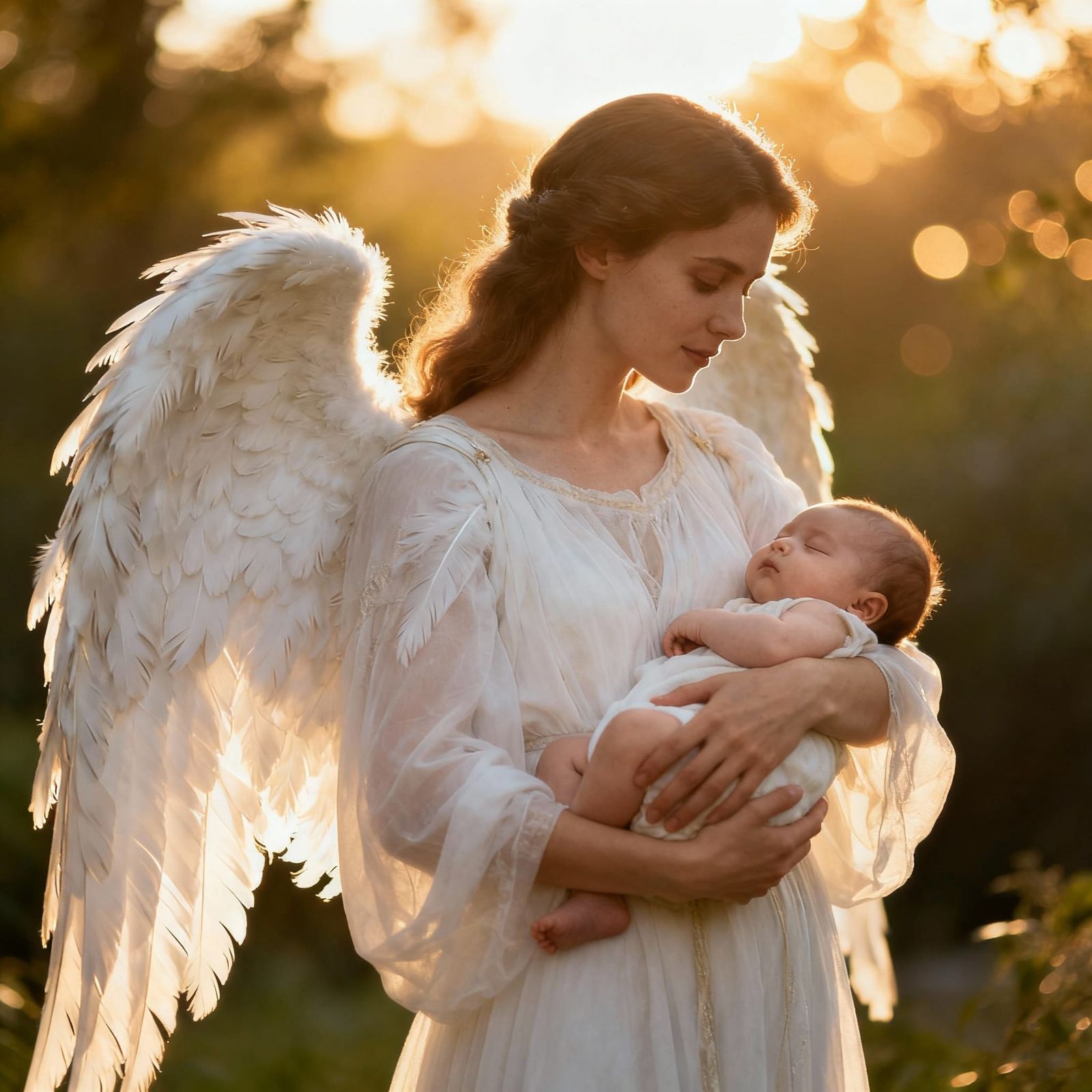 Ethereal Angel Gently Carries Sleeping Baby in Golden Light