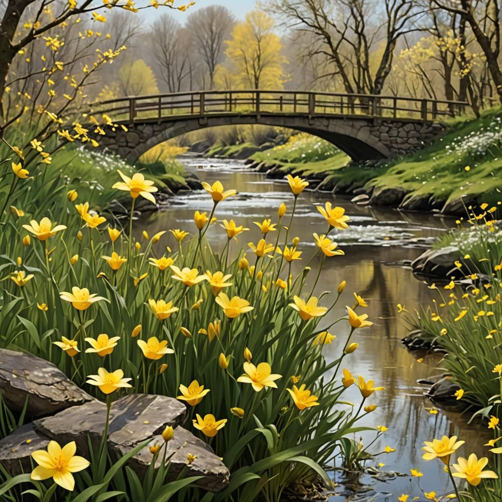 Spring Meadow with Iridescent Flowers and Bridge