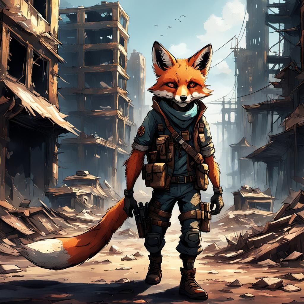 Post-Apocalyptic Fox Survivor in Ruined City